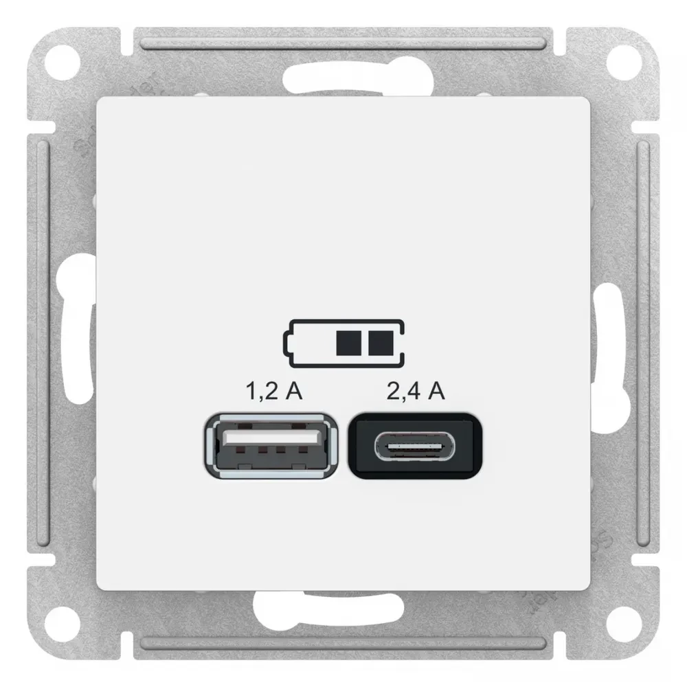 Schneider Electric AtlasDesign Розетка USB РОЗЕТКА A+С, 5В/2,4 А, 2х5В/1,2 А, механизм, БЕЛЫЙ ATN000139